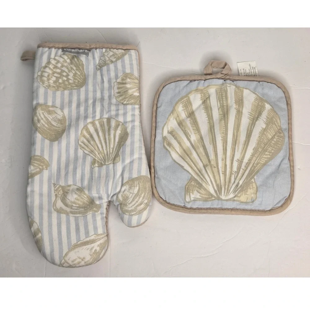 Cuisinart Oven Mitt and Pot Holder Set Coastal Seashell Blue White Tan Striped
